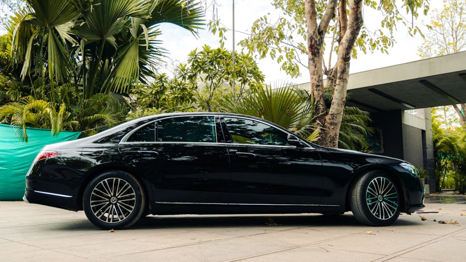 Выкуп автомобилей в Санкт-Петербурге — Luxurious black sedan elegantly positioned in a verdant outdoor setting.
